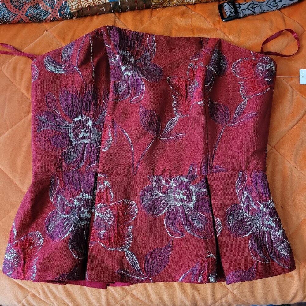 Anthropologie Hutch Red Peplum Floral Metallic Strapless Pleated Top Sz. 2 NWT